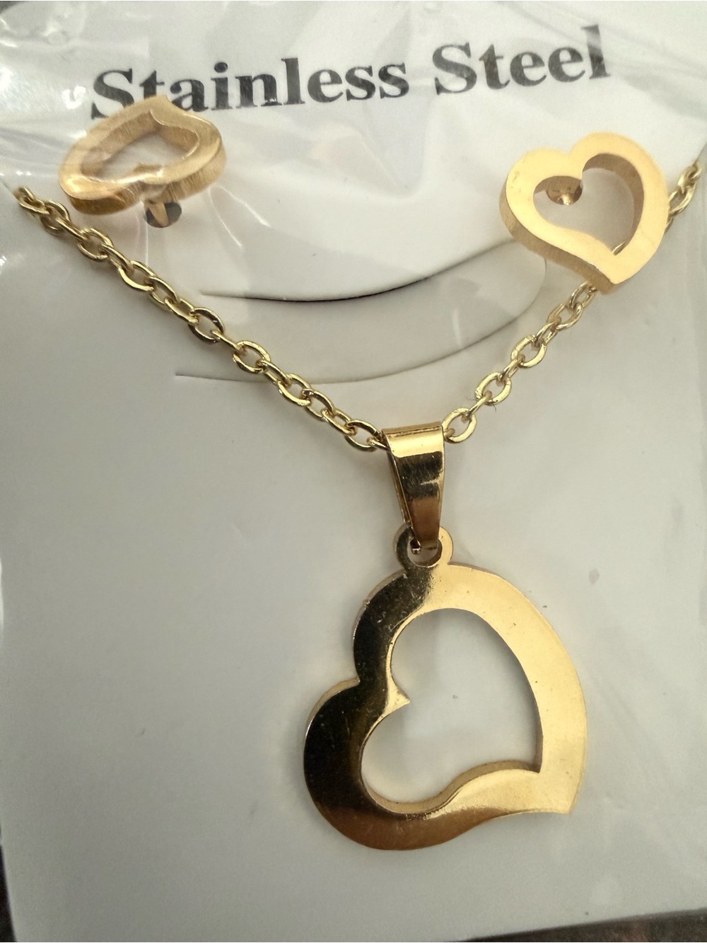Delicate Gold stainless steel Heart Necklace and Stud Earring Set - Picture 3 of 3